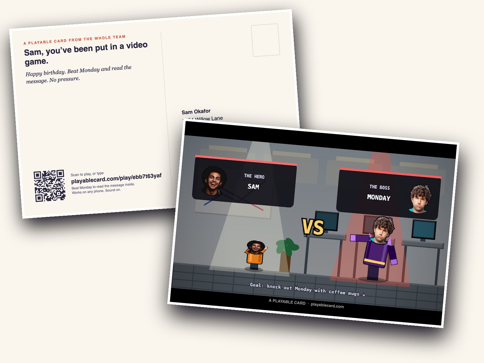 The printed postcard: the game's VS screen on the front, and on the back a note, a scan-to-play QR code and the address